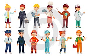 Cartoon kids in professional uniform. Doctor children outfit, businessman kid and baby engineer worker vector set