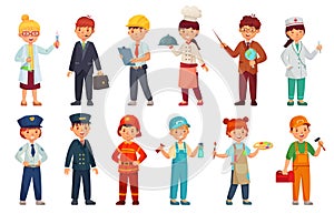 Cartoon kids in professional uniform. Doctor children outfit, businessman kid and baby engineer worker vector set