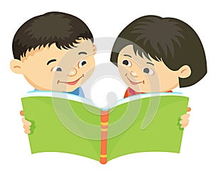 Cartoon kids reading book vector Asiatic photo