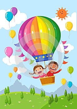 Cartoon kids riding a hot air balloon over the field