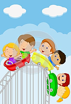 Cartoon kids riding roller coaster