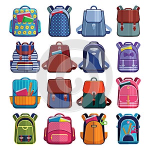 Cartoon kids school bags backpack Back to School rucksack vector set illustration on white