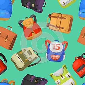 Cartoon kids school bags vector backpack Back to School rucksack set illustration seamless pattern background
