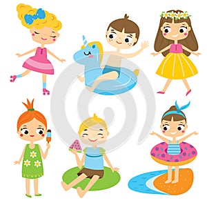 Cartoon kids set. Children having summer holidays fun and outdoor activity