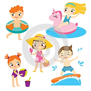 Cartoon kids set. Children having summer holidays fun and outdoor beach activity