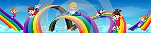 Cartoon kids sliding down the rainbow