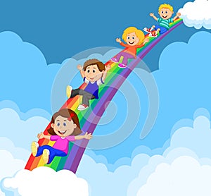 Cartoon Kids Sliding Down a Rainbow