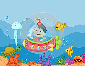 Cartoon a kids in the submarine
