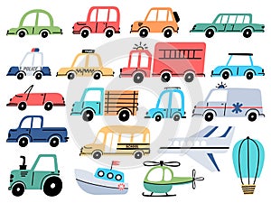 Cartoon kids toy cars police, ambulance, airplane and boat. Vehicles, truck, bus and tractor. Flat transport in simple baby style
