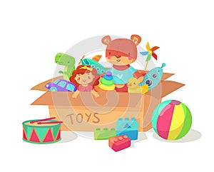 Cartoon kids toys in cardboard toy box. Children holiday gift boxes with child playthings. Plaything vector illustration