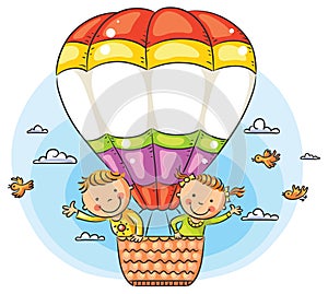 Cartoon kids travelling by air with copy space across the balloon