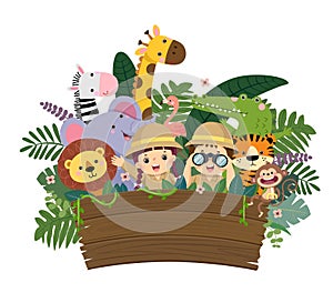 Cartoon of kids and wild animals with empty wooden sign