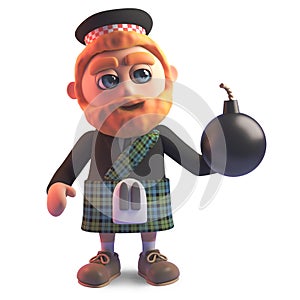 Cartoon kilt wearing Scots man holding a bomb, 3d illustration