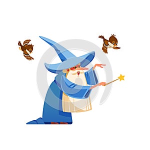 Cartoon kind wizard character. Old witch man in wizards robe, magician warlock and magic medieval sorcerer merlin, male