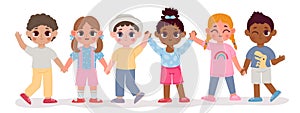 Cartoon kindergarten multicultural kid friends hold hands. Happy children diverse group. Multiracial boy and girl