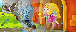 Cartoon king knight fairy queen near castle illustration