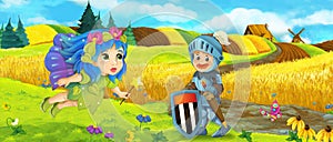 Cartoon king knight fairy queen near farm ranch