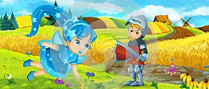 Cartoon king knight fairy queen near farm ranch