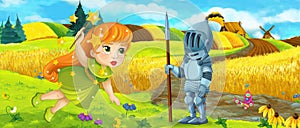 Cartoon king knight fairy queen near farm ranch