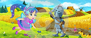 Cartoon king knight fairy queen near farm ranch