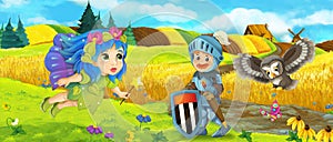 Cartoon king knight fairy queen near farm ranch