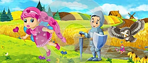 Cartoon king knight fairy queen near farm ranch