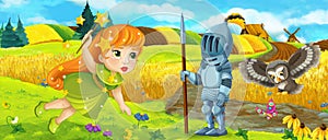 Cartoon king knight fairy queen near farm ranch