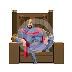 Cartoon King. Majesty happy king character on the throne, wearing crown and mantle, cartoon vector illustration isolated