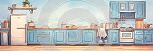 A cartoon kitchen with blue cabinets and appliances, AI