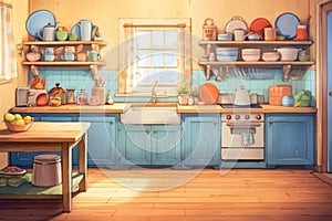 A cartoon kitchen with blue cabinets and a stove, AI