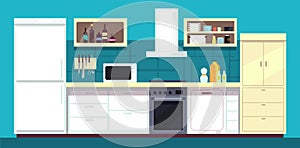 Cartoon kitchen interior with fridge, oven and other home cooking appliances vector illustration