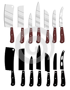 Cartoon kitchen knives and Kitchen knives black silhouettes. Isolated chef cook drawing knife set, butcher knives tools