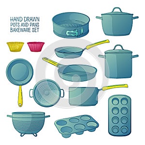 Cartoon kitchen utensils for baking. A set of dishes for baking: frying pan, saucepan, a colander. Molds for cupcakes