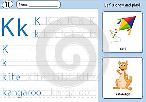 Cartoon kite and kangaroo. Alphabet tracing worksheet