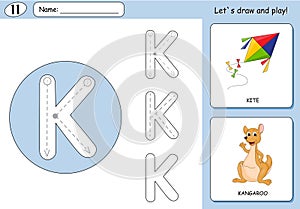 Cartoon kite and kangaroo. Alphabet tracing worksheet