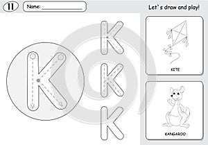 Cartoon kite and kangaroo. Alphabet tracing worksheet: writing A