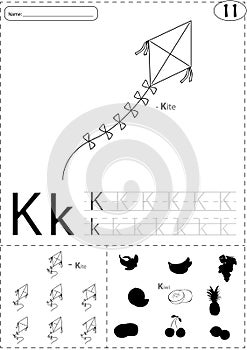 Cartoon kite and kiwi. Alphabet tracing worksheet: writing A-Z a