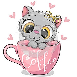 Cartoon kitten with a bow is sitting in a Cup of coffee