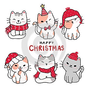 Cartoon kitten cat set Happy Christmas, flat vector clip art, idea for greeting card, printable, wall art, nursery art