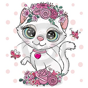 Cartoon Kitten with flowers on a white background