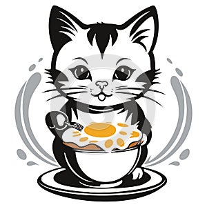 Cartoon kitten with fried egg