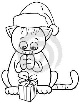 cartoon kitten with gift on Christmas time coloring page