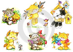 Cartoon kittens watercolor set. Cute cats illustration.