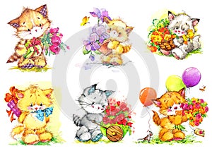 Cartoon kittens watercolor set. Cute cats illustration.