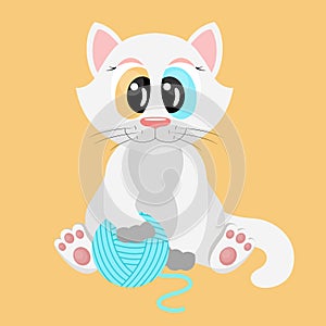 Cartoon kitty character. Cute Angora cat. Little animal is sitting. Vector illustration