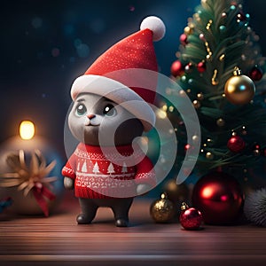 Cartoon Kitty Kid in Sweater in front of Christmas tree with ornaments