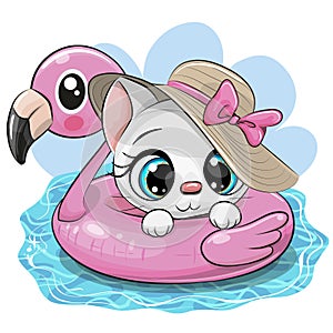 Cartoon Kitty in swimming on pool ring inflatable flamingo