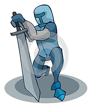Cartoon Kneeling Knight with a Sword.