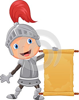 Cartoon knight boy holding blank announcement