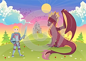 Cartoon knight with dragon. A castle in the background.